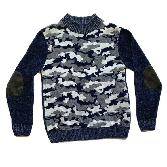 Royal Prestige Camo‎ Sweater Mens Medium M Velour Elbow Patch Chunky Knit Rayon - Picture 1 of 10